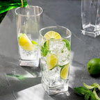 Le'raze Set of 4 Everyday Drinking Glasses - Square Tall Glass Cups Drinkware Kitchen Collins Glasses for Cocktail, Iced Coffee, Beer, Ice Tea, Wine, Whiskey, Water Glassware Sets
