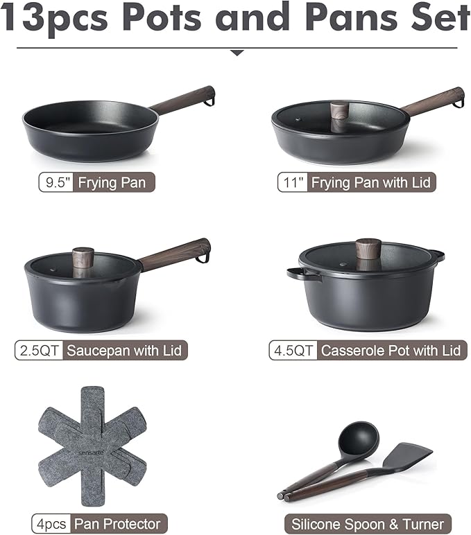 SENSARTE 14Pcs Pots and Pans Set Nonstick Cookware Set Kitchen Cooking Frying Pans with Stay-cool Handle, Dishwasher Safe, Induction Compatible, PFOA/PFOS Free, Black