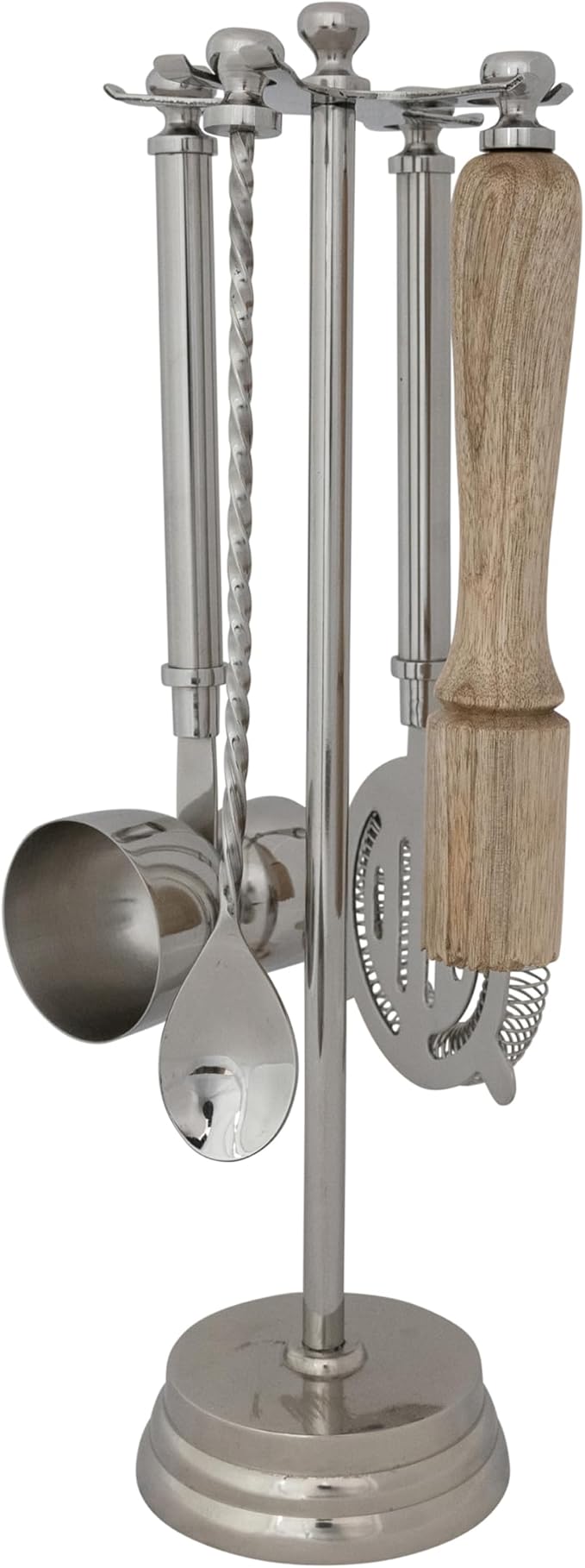 Creative Co-Op 5-Piece Stainless Steel and Mango Wood Bar Tools with Stand, Nickel Finish and Natural