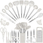 Kitchen Utensil Set-Silicone Cooking Utensils-33 Kitchen Gadgets & Spoons for Nonstick Cookware-Silicone and Stainless Steel Spatula Set-Best Kitchen Tools, Useful Pots (Cream White)