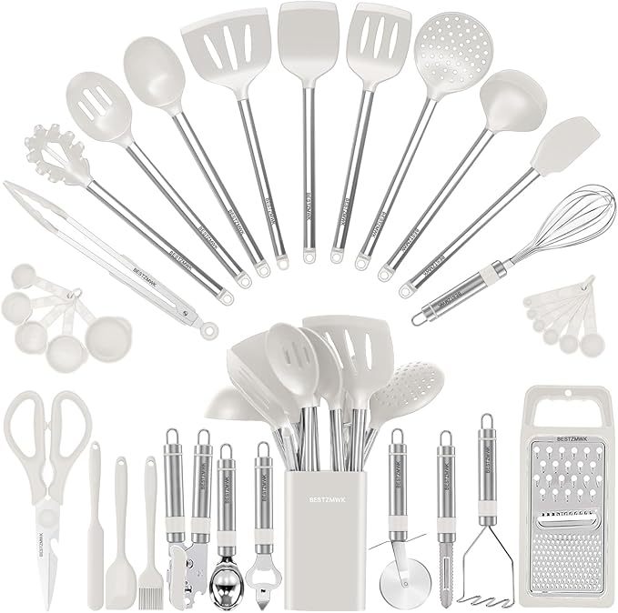 Kitchen Utensil Set-Silicone Cooking Utensils-33 Kitchen Gadgets & Spoons for Nonstick Cookware-Silicone and Stainless Steel Spatula Set-Best Kitchen Tools, Useful Pots (Cream White)