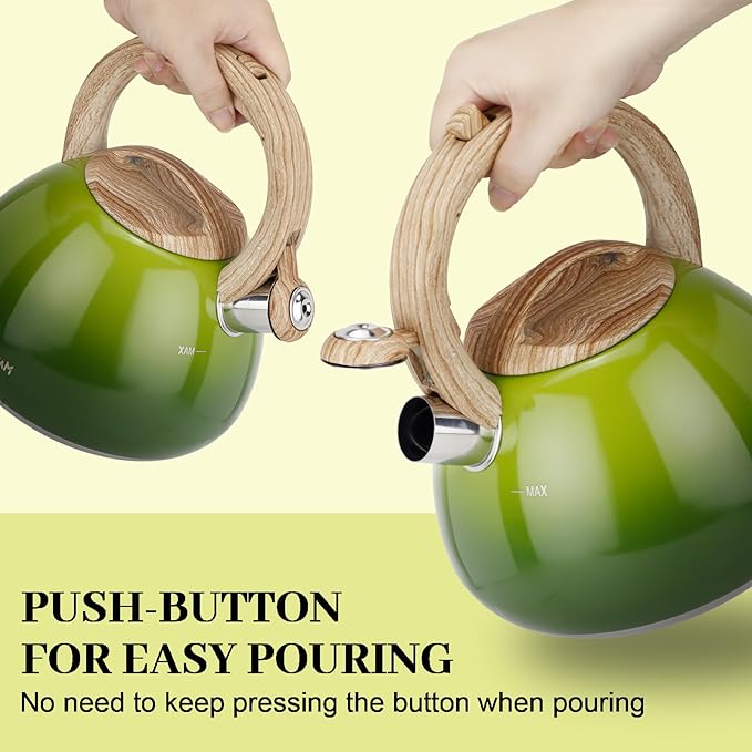 MARSKITOP Whistling Tea Kettle for Stove Top, 2.6 Quart Teapot for Stovetop, Stainless Steel Tea Pot for Stove with Wood Pattern Handle, Light Green