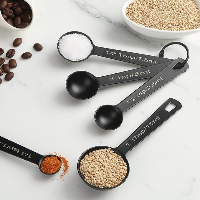 Stainless Steel Measuring Spoons Set of 5, Metal Measuring Cups for Liquid/Food/Kitchen/Baking (Black)