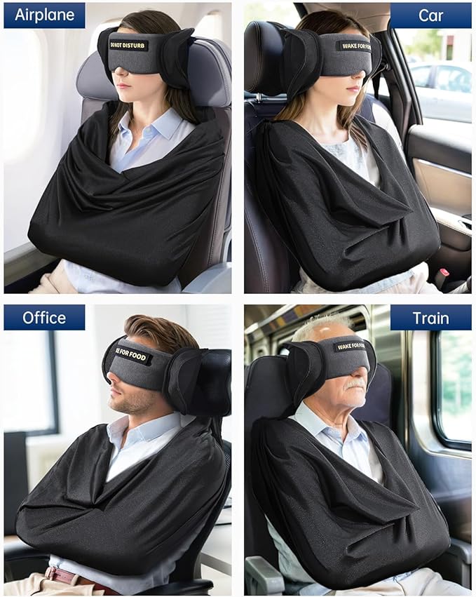 Travel Pillow and Blanket Set, Compact Airplane Pillow Bag with Eye Mask for Long Flights Sleeping, 360° Support Head Strap Travel Essentials for Plane Car Sleep Neck Upright, Stop Head Drop(Grey)