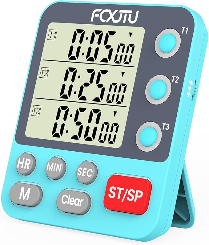 FCXJTU Digital Dual Triple Kitchen Timer, 3 Channels Magnetic Countdown Stopwatch Timer for Cooking, Loud Alarm Large Display Multi Food Memory Timer for Seniors & Teachers Battery Included (Blue)
