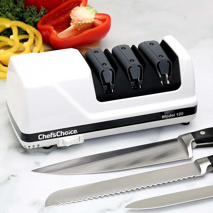 Chef'sChoice Professional Electric Knife Sharpeners With 100-Percent Diamond Abrasives And Precision Angle Guides For 20-Degree Straight-Edge and Serrated Knives, 3-Stage, White