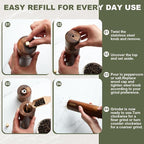 Wooden Salt and Pepper Grinder Set 8 Inch Manual Salt and Pepper Mill with Tray Adjustable Coarseness Refillable Wood Grinders with Gold Bottle Label for Kitchen Christmas Home Gift(Wood Color)