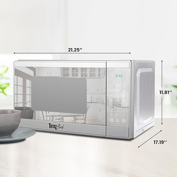 Total Chef 1.3 Cu Ft Microwave Oven – Compact Countertop Kitchen Appliance, Small Stainless Steel Microwave with Digital Touch, Pre-Set Functions, 12.8” Turntable, 1100 Watt