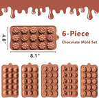 6 Pack Flower Shape Chocolate Candy Molds Silicone, Food-Grade Non-Stick Jelly & Baking Molds, Crayon Molds, BPA-Free, Including Heart, Rose, Tulip, Daisy, Sunflower, and Other Flowers (Brown)