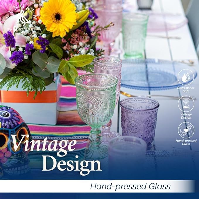 Yungala Multi Color Wine Glasses Set of 6 Vintage Hobnail Goblets 10 oz Dishwasher Safe