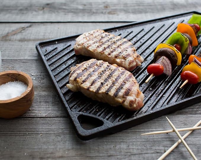 Lodge Double Play Reversible Cast Iron Grill/Griddle - Dual-Sided with Double Burner Configuration for Eggs, Pancakes, Burgers & More - Seasoned, Non-Toxic Cookware - Heavy-Duty Grill Pan - Black