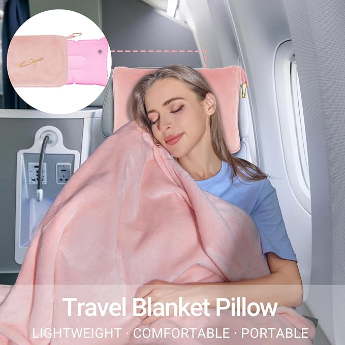 Travel Blanket and Pillow Set, 300 GSM Soft Fleece, 60x43 Inches, 3-in-1 Compact with Bag, Pink