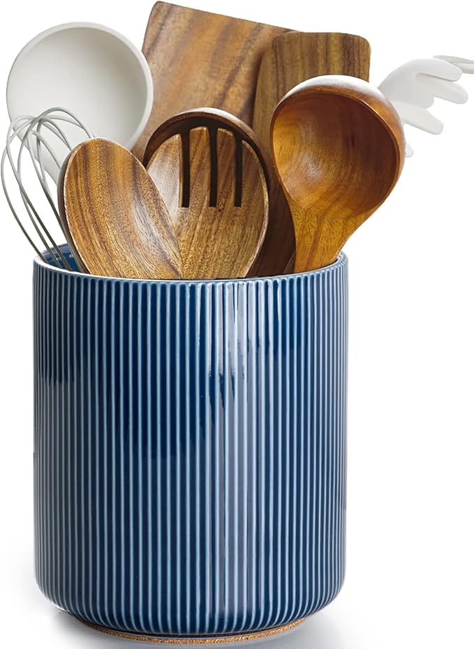 getstar Large Kitchen Utensil Holder for Kitchen Counter (H7.2” x W6.2”), Ceramic Cooking Utensil Holder with Cork Mat (Navy, Large(7.2"))