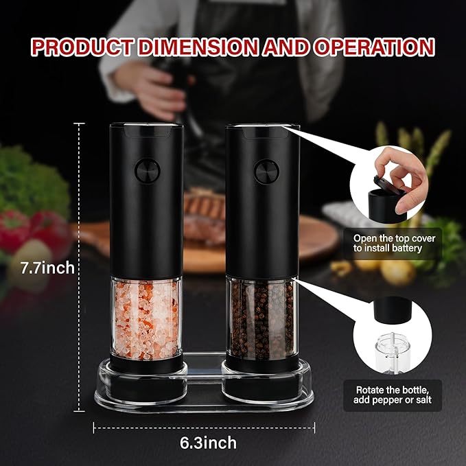 Electric Salt and Pepper Grinder Set - Battery Operated Spice Mills with Adjustable Coarseness, LED Light, Automatic Spice Grinder for Kitchen Appliance, with Cleaning Brush and Stand, Home Cooking
