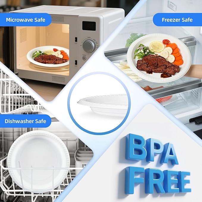 YANGRUI Plastic Plates Shrink Wrap 10" 150 Pack - Unbreakable Mineral Filled PP | BPA Free Commercial White Tray | Microwave Safe Freezer Ready | Reusable & Disposable Heavy Duty Bulk Party Plate