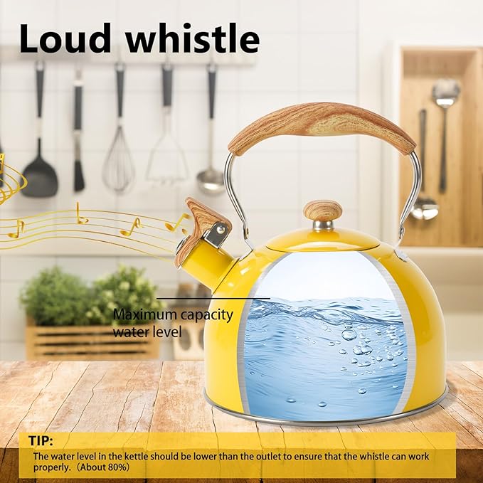 Tea Kettle,Whistling Tea Kettle Stovetop 2.6 Quart, Tea Pots for Stove Top Food Grade Stainless Steel,Wood Pattern Handle(Yellow),With Anti Scald Towel