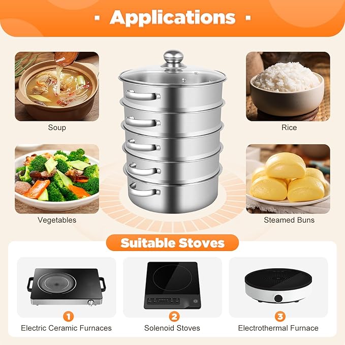 5-Tier Stainless Steel Steamer, 12.59 * 2.75inch Cooking Tools Pan Set Household Cookware Pot Large Capacity Kitchenware Multi-Purpose Kitchen Implements Stackable Vegetable Pan w/Glass Lid