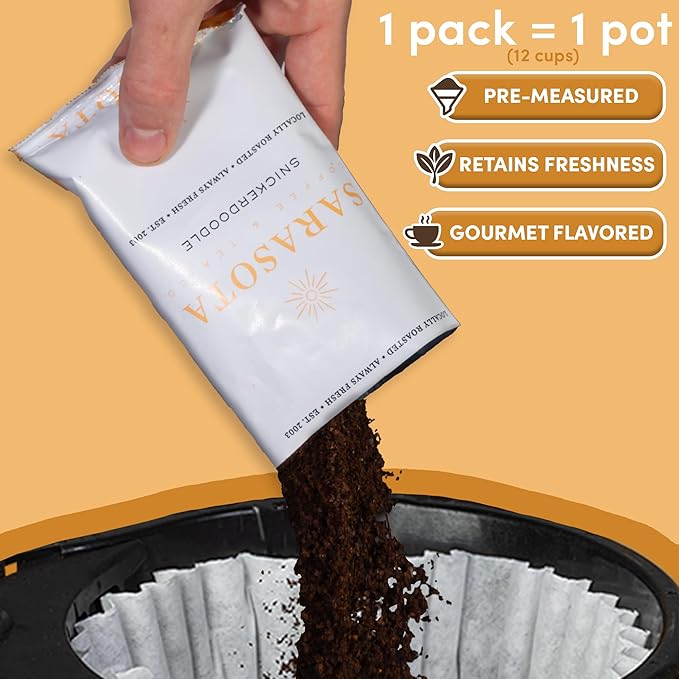Snickerdoodle Flavored Ground Coffee Packs – 2oz Pre-Measured Medium Roast for 12-Cup Drip Makers | Low Acid Mold-Free Gourmet Single-Pot Pouches | 36 Count by Sarasota Coffee