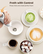 SIMPLETASTE Milk Frother Handheld Electric Foam Maker, Drink Mixer with Stainless Steel Whisk for Cappuccino, Bulletproof Coffee, Latte, Blizzard White, without Stand, Battery Operated