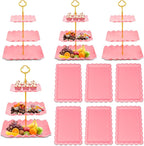 10 Pack Dessert Table Display Set - 4 x Three-Tier Square Cupcake Stands and 6 x Serving Trays, Elegant Tableware for Cakes, Cupcakes, Pastries, and Snacks, Perfect for Parties (Pink)
