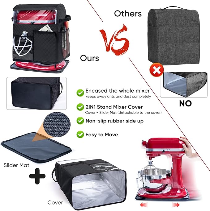BAGSPRITE Stand Mixer Cover with Detachable Appliance Sliders Base Compatible with KitchenAid Mixer-Storage Bag for 6/7/8 Quart with Pockets for Kitchen Aid Accessories and Attachments