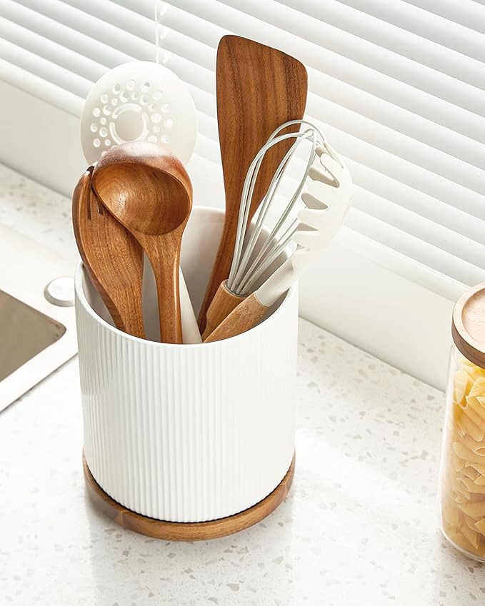 getstar Large Kitchen Utensil Holder for Kitchen Counter (H7.2” x W6.2”), Ceramic Cooking Utensil Holder with Cork Mat (White, Large(7.2") with Rotating Base)
