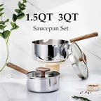 CAROTE1.5Qt & 3Qt Stainless Steel Saucepan Set, Triple Ply Stainless Steel Pot, Saucepan with Glass Lid, Small Sauce Pot with Wooden Handle, Easy Pour Rim