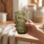 Vintage Green Drinking Glass, 12 oz Hand-Pressed Deep Textured Glass Cup, Fern Embossed Retro Glassware, Decorative Tumbler for Water, Cocktails & Juice, Boho Colored Kitchen Drinkware, Unique Gift