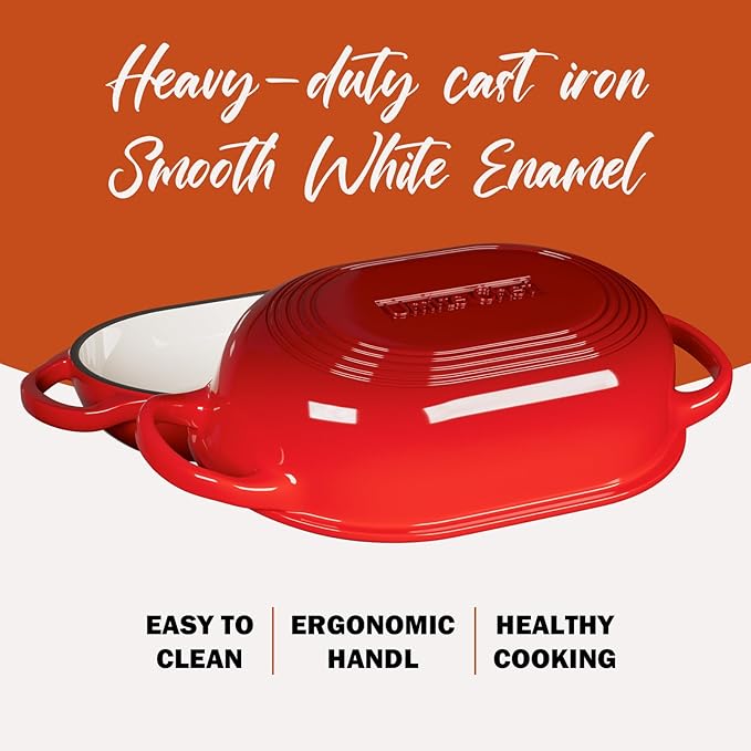 Enameled Cast Iron Sourdough Bread Oven, Dutch Oven, incl. Sourdough Bread-Baking Supplies like Banneton Bread-Proofing Basket - 5QT Loaf Cast Iron Bread Pan for Homemade Bread Baking, Red Meatloaf Pan with Lid