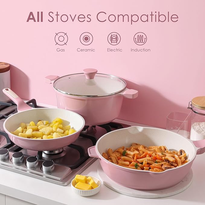 SENSARTE Nonstick Ceramic Cookware Set Large 13-Piece, Healthy Pots and Pans Set Dishwasher Safe, Non-toxic Kitchen Cooking Set with Stay-Cool Handles, Induction Compatible, PFAS Free, Pink