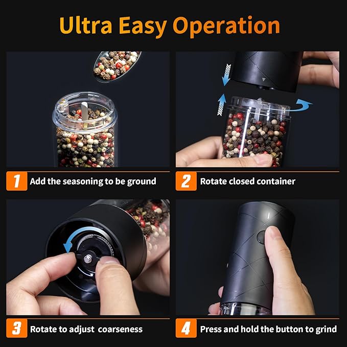 4Pack Electric Salt and Pepper Grinder Set USB Rechargeable with Warm LED Light, Adjustable Coarseness Lidaop Large Capacity Automatic Salt Pepper Mill Shakers for Kitchen, Black Set