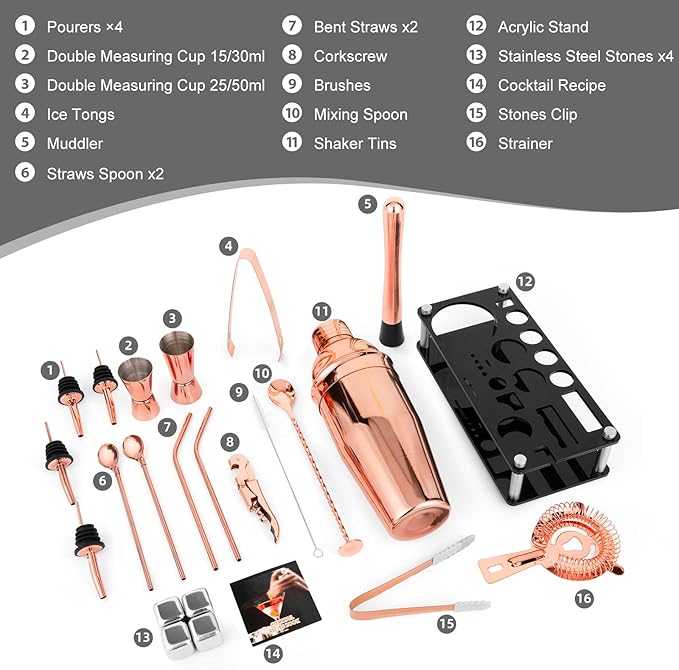 23 Piece Cocktail Shaker Set Bartender Kit with Acrylic Stand & Cocktail Recipes Booklet, Professional Bar Tools for Drink Mixing, Home, Bar, Party (Include 4 Whiskey Stones) - Gold Rose