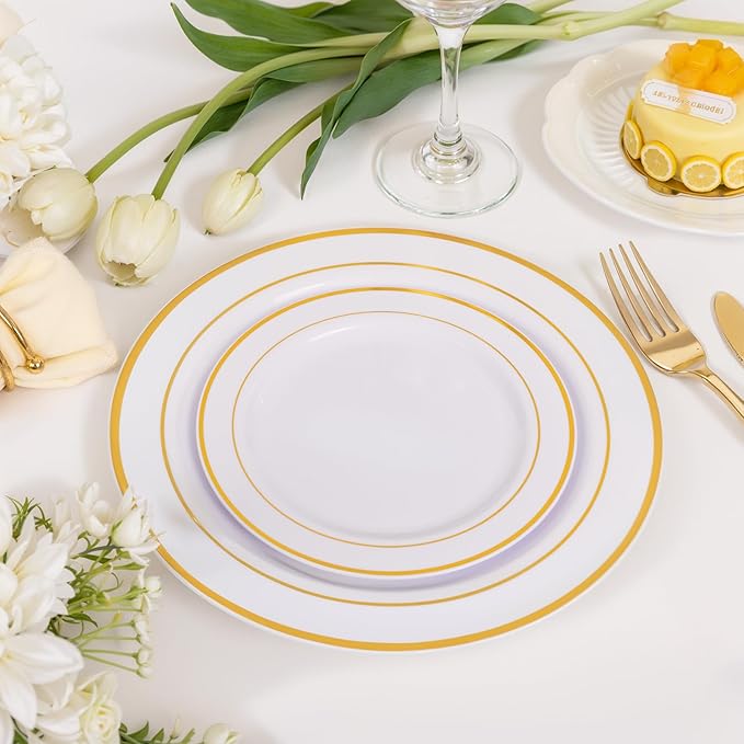 NOCCUR 200PCS Gold Plastic Plates - 100 Dinner / 100 Dessert Disposable Plates Heavy Duty - Ideal for Wedding/Party/Christmas