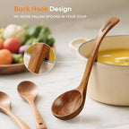 Wooden Ladle for Soup, 3 Size Teak Wood Ladle Spoon with Back Hooks, Heat Resistant Wooden Spoons for Cooking, Non-Stick, Comfortable Grip, Wood Kitchen Utensils Set for Serving, Stirring