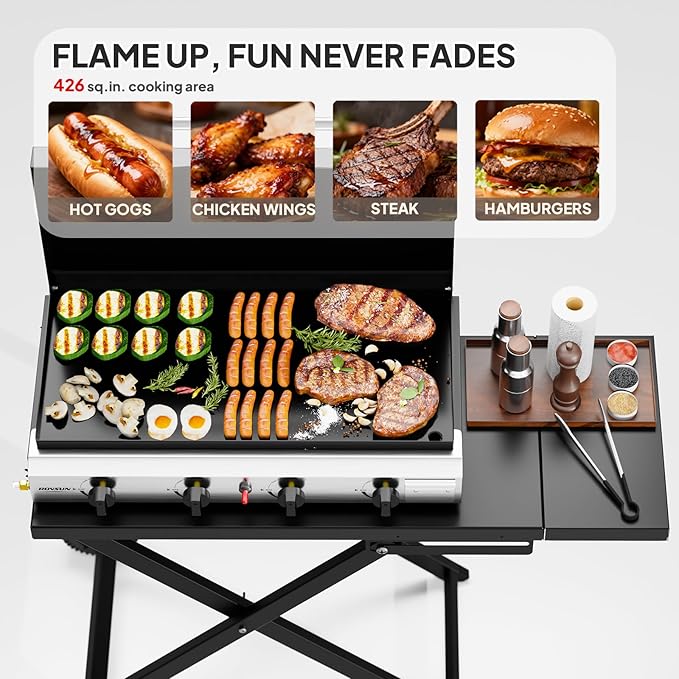 ROVSUN 4 Burner Foldable Propane Griddle with Wheels, Enameled Tray & Lid, 40000 BTU Portable Rolling Flat Top Gas Grill with Electronic Ignition & Regulator for Outdoor Cooking Camping BBQ Tailgating
