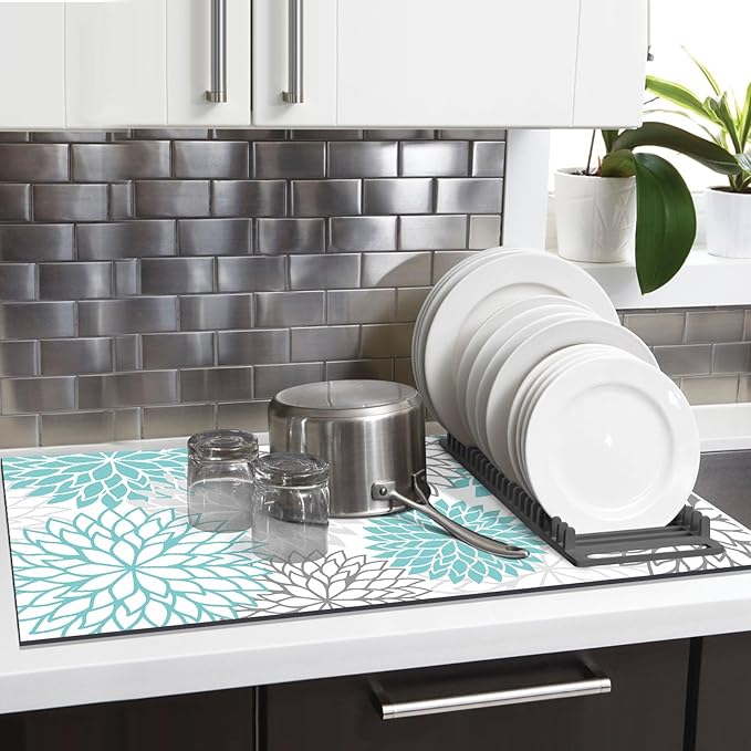 Findosom 2PCS 12" x 20" Dish Drying Mat & 24" x 5.5" Sink Splash Guard, Super Absorbent & Cuttable Dish Mat Drying Kitchen Mat with Teal Floral, Hide Stain Drying Mat for Kitchen Counter
