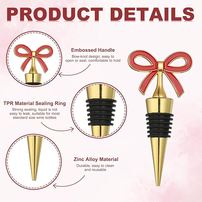 uxcell 2 Pcs Bow Wine Stopper, Reusable Wine Stoppers Airtight Leak-proof Bottle Plugs Liquor Saver Beer Beverage Glass Bottles Stopper for Bar Holiday Party Home Decor, Gold-Red