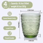abrwyy 6Pcs Green Drinking Glassware, 10oz Drinking Glasses, Heavy Duty Glass Cups, Colored Embossed Glasses Set for Party Wedding Home Office Glassesware Gift