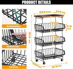 Fruit Vegetable Basket for Kitchen, 4 Tier Stackable Fruit Vegetable Storage Baskets with Wheels, Metal Wire Storage Basket Organizer Baskets for Kitchen, Pantry, Bathroom