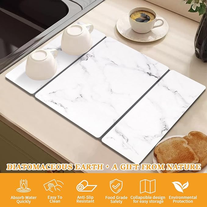 Stone Dish Drying Mat for Kitchen Counter, 24''×15'' Dishes Drying Matt Kitchen Counter, Absorbent Diatomaceous Earth Bath Quick Dry Mats for Tableware, Bottles and Cup (White Marble)