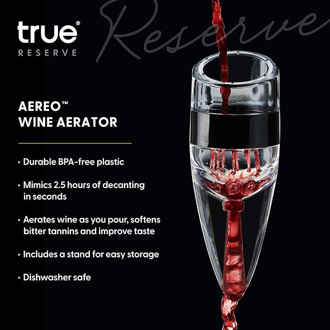 True Reserve Aereo Handheld Wine Aerator for Red and White Wines, Helps Enhance Flavor and Aroma, Home Bar Tools, Bar Cart Accessories, Gifts for Wine Lovers, Hosting Essentials, Set of 1