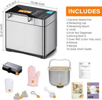 KBS Pro 710W 2LB Bread Maker, Stainless Steel 17-in-1 Smart Bread Machine with Healthy Ceramic Pan, Automatic Nut Dispenser, Tempered Glass Touch Panel, 3 Crust Colors, 15H Timer& Keep-Warm, Recipes