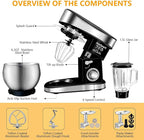 Multifunctional Stand Mixer, 6 in 1 Stand Mixer, 6.3Qt Tilt-head, Standing Mixer with Stainless Steel Bowl, Meat Grinder, Juice Blender, for professional Baking and Most Home Cooks, Black
