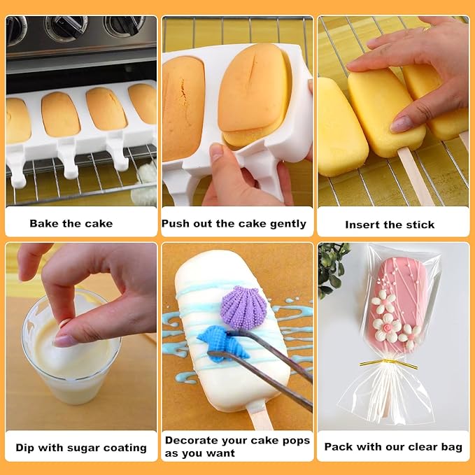 Juome Cake Pop Mold Kit, 8 Cavities Small Cakesicle Molds Silicone with 100 Wooden Sticks & 100 Packaging Bags with Ties, Cake Pop Maker Supplies Accessories, Baking Tools for Home Baking Desserts