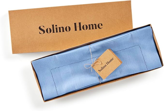 Solino Home Linen Cloth Placemats Set of 4-100% Pure Linen Hemstitch Cornflower Blue Placemats 14 x 19 Inch - Classic Hemstitch Table Place Mats for Holiday, New Year