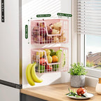 Pink Magnetic Shelf for Fridge, 2 Set Magnetic Fruit Baskets for Refrigerator Magnet Shelves, Potato and Onion Storage Bins, Magnet Holder Wire Basket for Laundry Room Pantry Kitchen Organizer