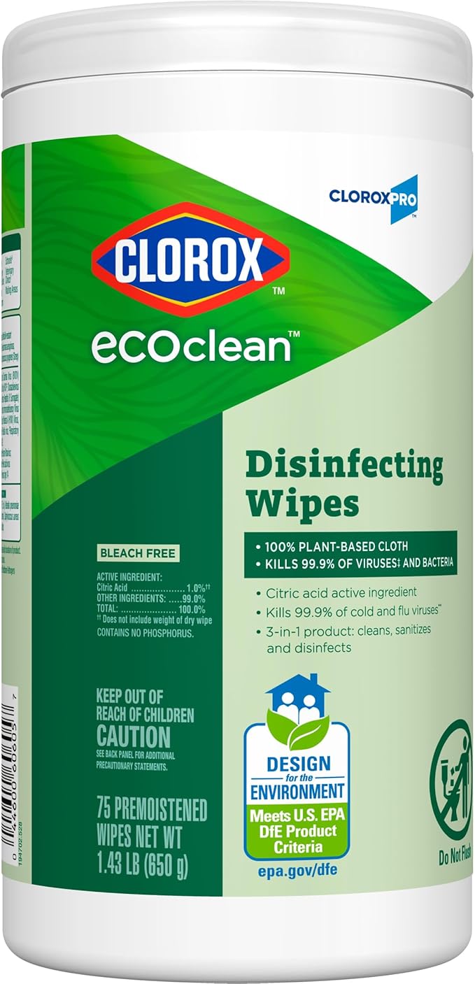 CloroxPro Clorox EcoClean Disinfecting Wipes, Multipurpose 100% Plant Based Cleaning Cloths, Antibacterial Disinfectant, Safe for Multi Surface Use, 75 Count (Pack of 6)