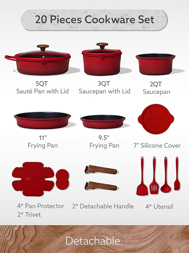 CAROTE 20Pcs Titanium Cookware Set, Pots and Pans Set Non Stick, Kitchen Cooking Set with Detachable Handle, Non Toxic Induction Cookware - Camping Cookware, Dishwasher/Oven Safe, Red
