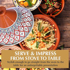 Kamsah Tagine Pot for Cooking and Flavor Enrichment - Large Clay Pot 12”, 5.5 QT - Non-Stick Handmade Cookware - Moroccan Ceramic Pots for Cooking with Lid & Serving Bowl - Bohemian Supreme Red