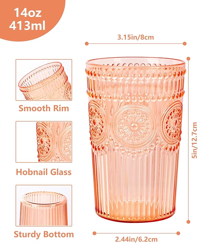 Ciaell 12 Pack Romantic Plastic Water Glasses - 14 Oz Amber Vintage Drinking Glasses, Embossed Ribbed Plastic Cups, Textured Striped Set for Juice, Beverages, Beer, Cocktai